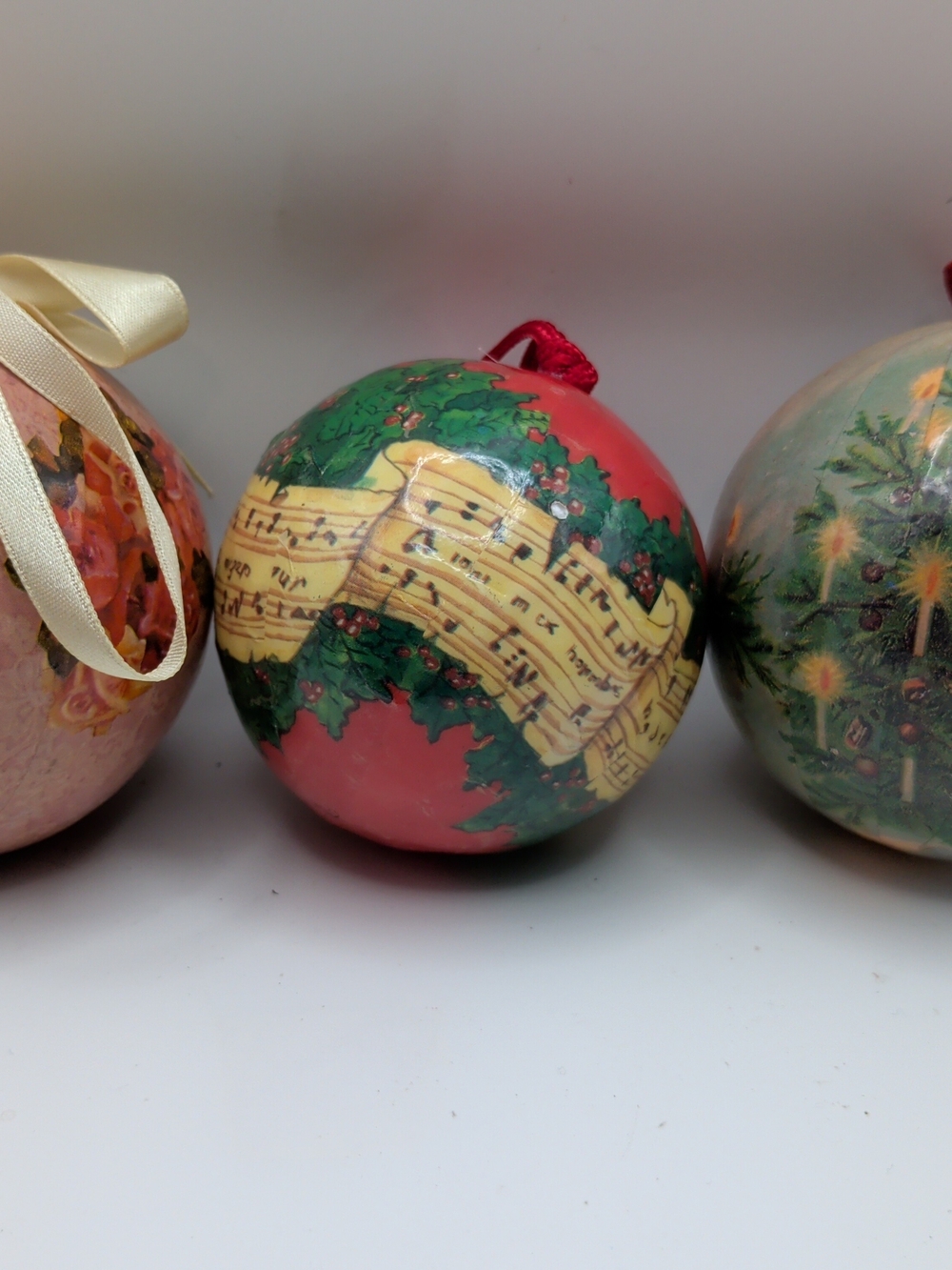 Vintage Wrapped Paper Mache Holiday Christmas Ornaments Large 4" Set of 3 (F)
